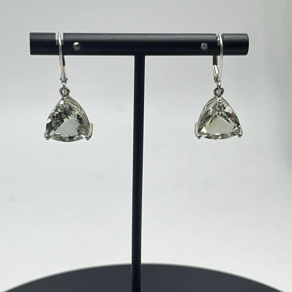 DK 925 Designer Sterling Silver Trillion Cut Green Amethyst Leverback Earrings
